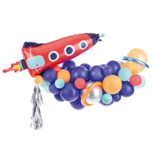 Kit arche de ballons space party pour enfant bleu orange et rouge avec fusée 76 pièces