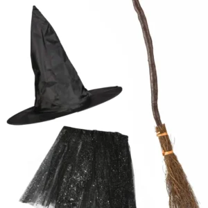 Kit de sorcière pour fille noir avec chapeau tutu pailleté et balai