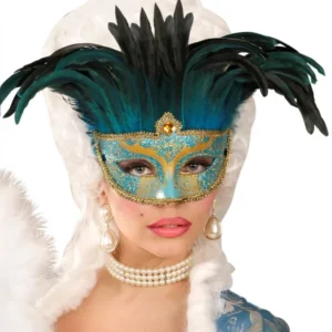 Loup vénitien pour adulte bleu et or à plumes noires et turquoises