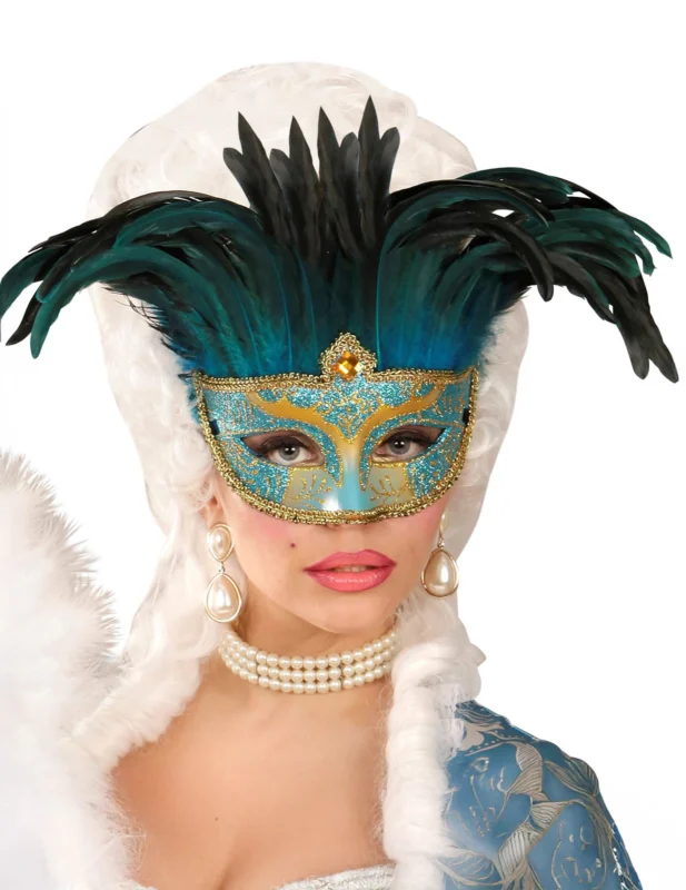 Loup vénitien pour adulte bleu et or à plumes noires et turquoises