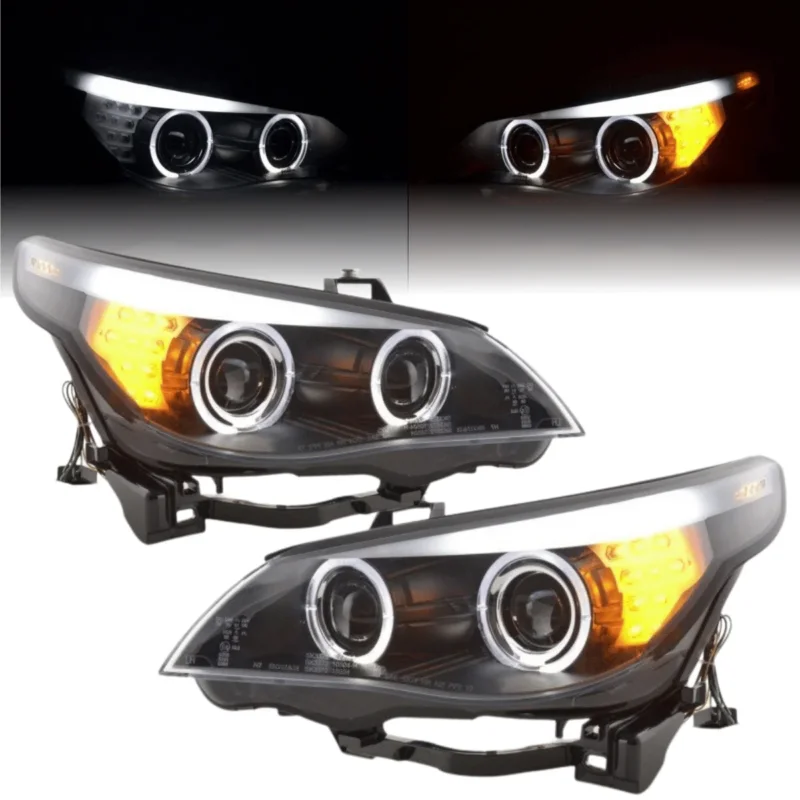Angel Eyes LED Scheinwerfer Set Schwarz für BMW 5er E60 E61 2003-2007 mit LED Blinker