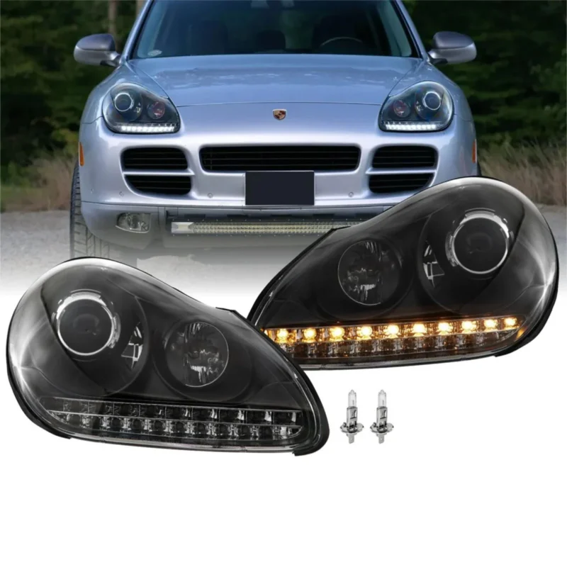 Scheinwerfer Set mit LED Blinker schwarz 2002-2006, inklusive Leuchtmittel für Porsche Cayenne 9PA Xenon