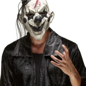 Masque de clown rockeur effrayant pour adulte blanc et noir avec cicatrice et mini chapeau