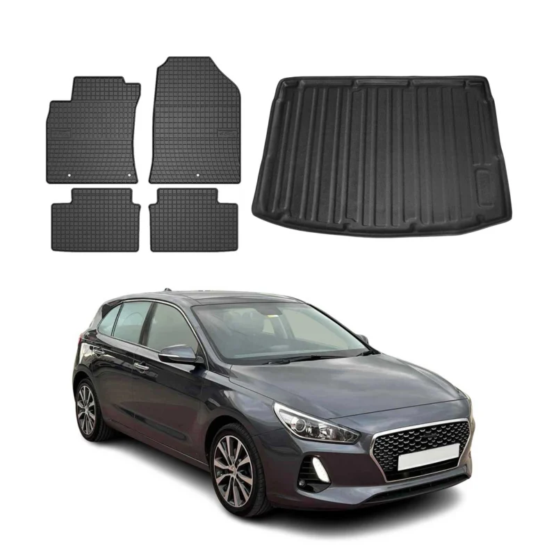 Fußmatten & Kofferraumwanne Set für Hyundai i30 2017-2026 Gummi TPE Schwarz 5x