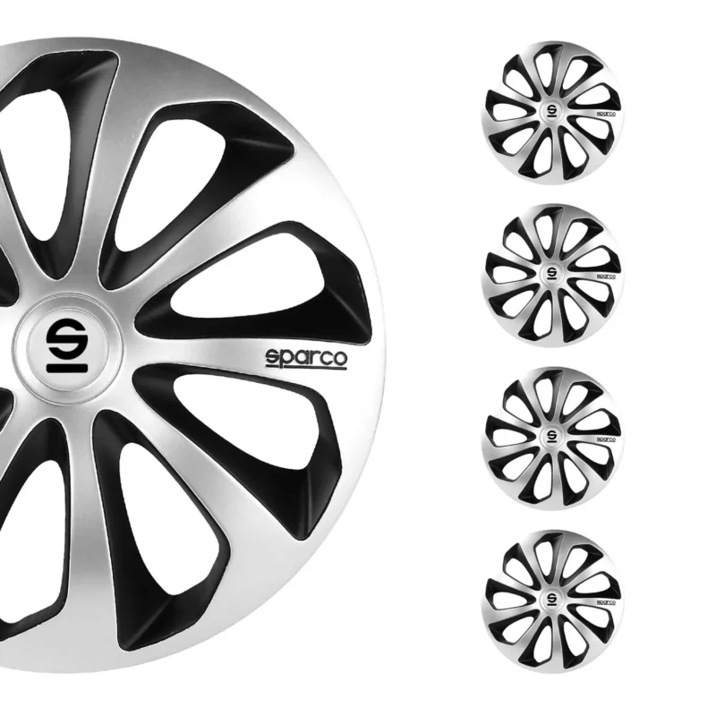 Radkappen Radzierblenden Sparco Sicilia 14" Zoll Abdeckung Set Silber Schwarz 4x