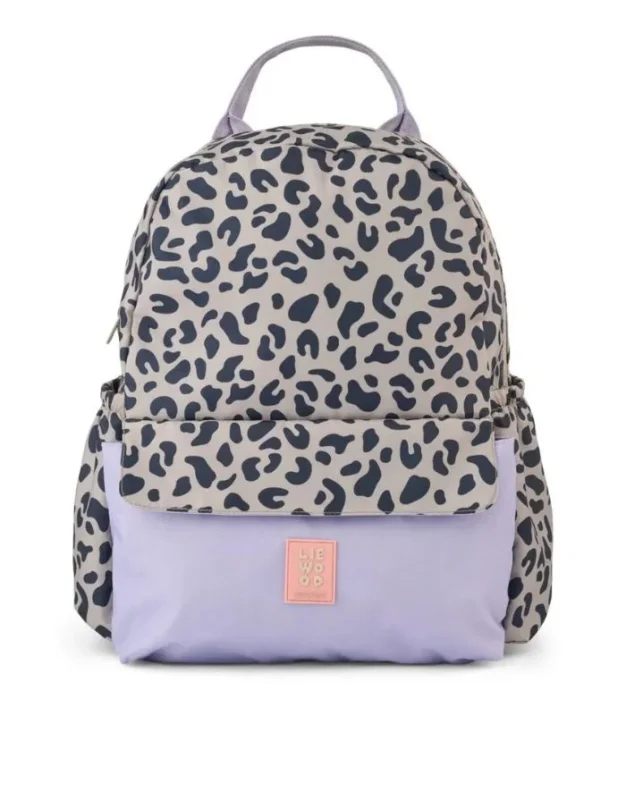 Liewood Rucksack Lennon in Mega Leo Mist Mix mit Laptopfach, Flaschentasche und gepolsterten Schultergurten von vorne.