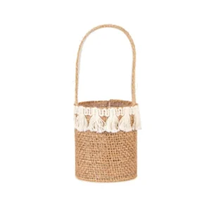 Panier en toile de jute champêtre pour décoration avec pompons blancs