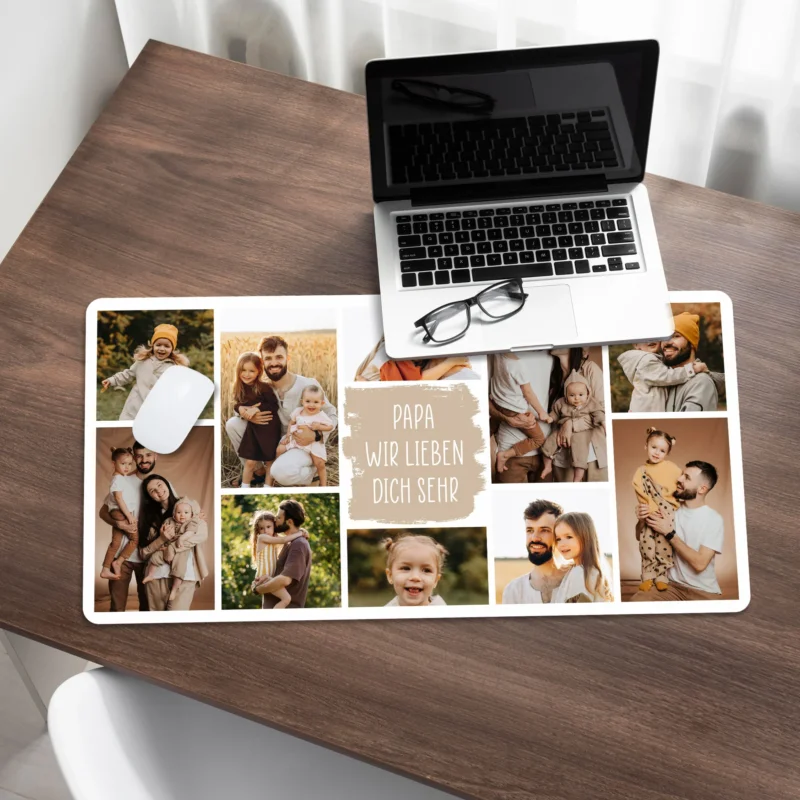 Mousepad im Einsatz mit Laptop & Brille auf Holzschreibtisch – dekorativ und funktional
