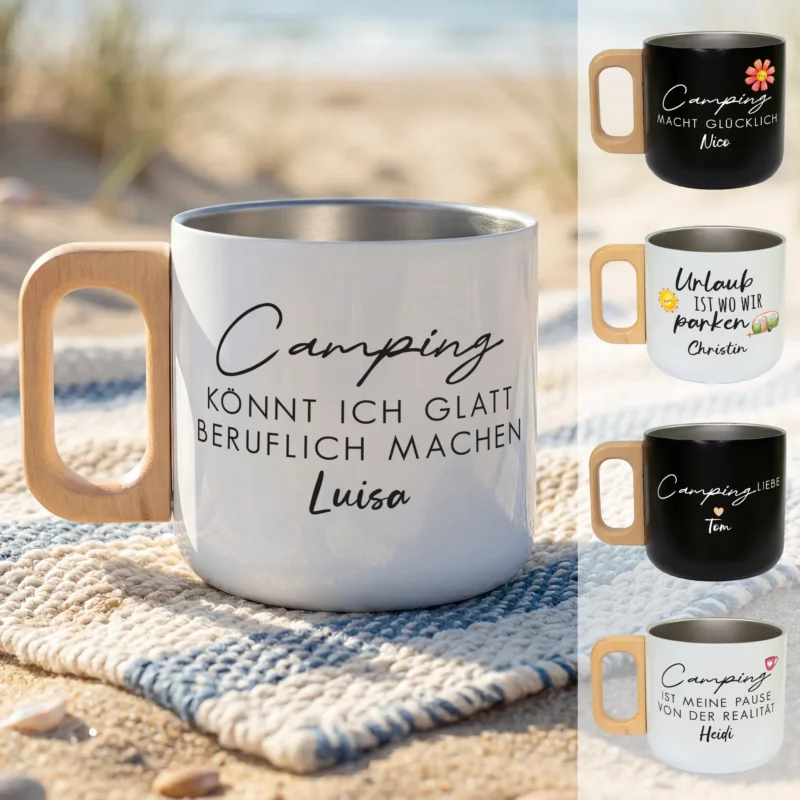 Camping Edelstahlbecher mit Holzgriff in mehreren Motivvarianten und Personalisierung mit Name