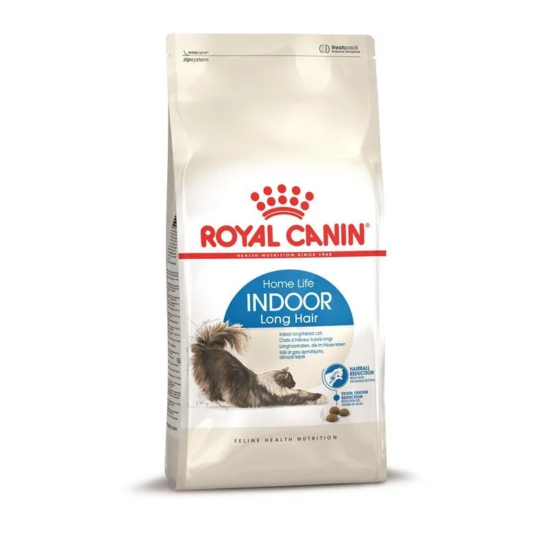 Royal Canin Indoor Long Hair adult cat dry food bag with hairball and stool odor reduction