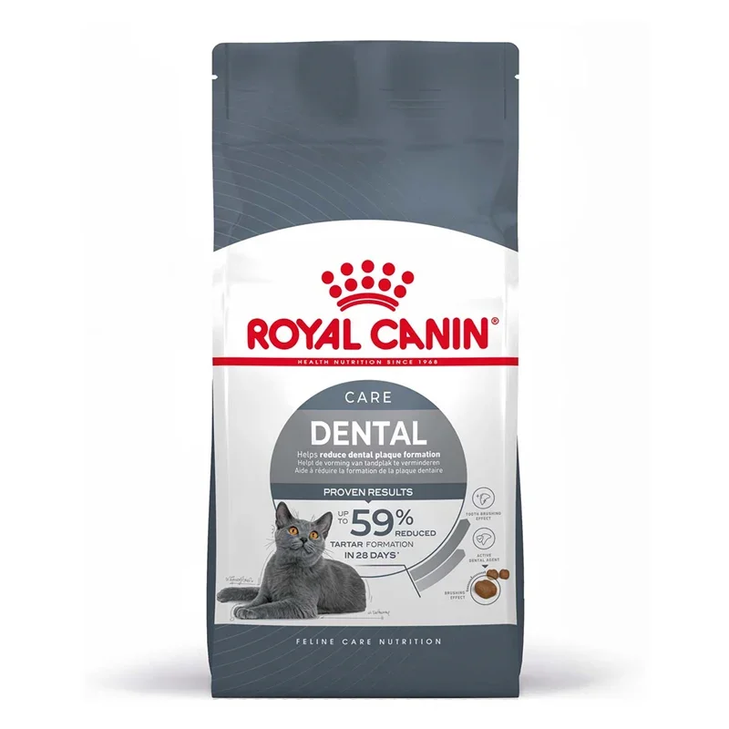 Royal Canin Oral Care dry cat food bag, helps reduce dental plaque and tartar formation with proven results
