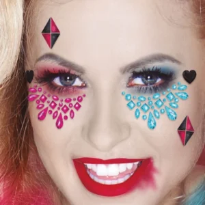 Strass adhésifs pour visage dangerous girl pour femme roses et bleus avec motifs coeurs et losanges