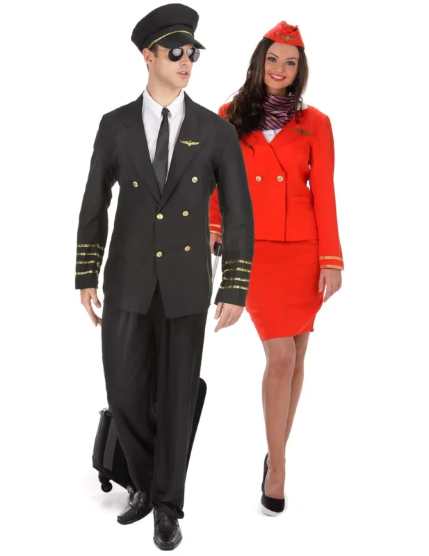 Pilot und sexy Stewardess Paarkostüm schwarz rot