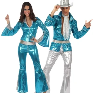 Disco Paarkostüm in blau für Erwachsene