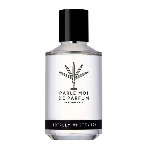 Parle Moi de Parfum - Totally White / 126 klarer runder Flakon mit schlichtem schwarzem Verschluss vor weißem Hintergrund